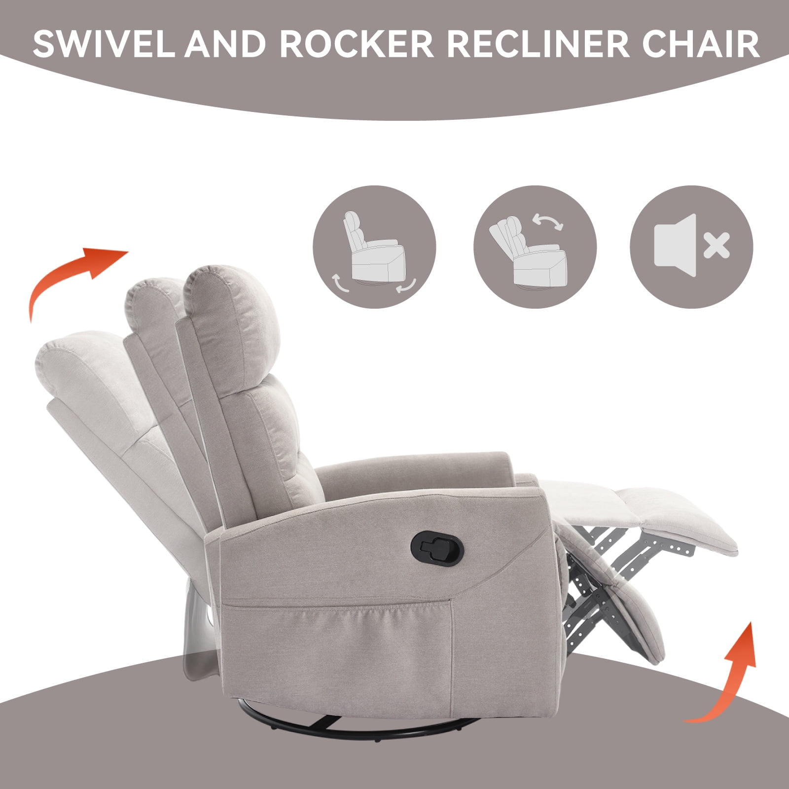 GAKMCIL 360 degree Swivel Manual Recliner Rocking Chair in Fabric with Rocker and Side Pocke, Maximum inclination 155 degrees, Max load 400lb for Living Room, Bedroom, Home Theater, Gift (Light Gray)