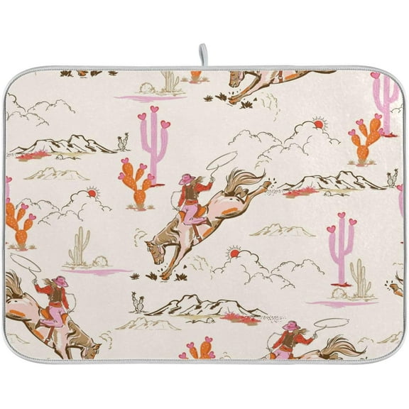 Cowgirl Cowboy Boots Desert Cactus Dish Drying Mat for Kitchen Counter 18 x 24 in Rack Mat, Microfiber Dry Dishes Mats Drainer Mat Dish Drying Pad Countertops Mat