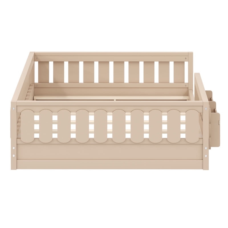 Mirightone Wood Full Size Floor Bed with Rails and Slats, Montessori Bed with Storage Shelves, Low Floor Bed Frame Full Size - Natural