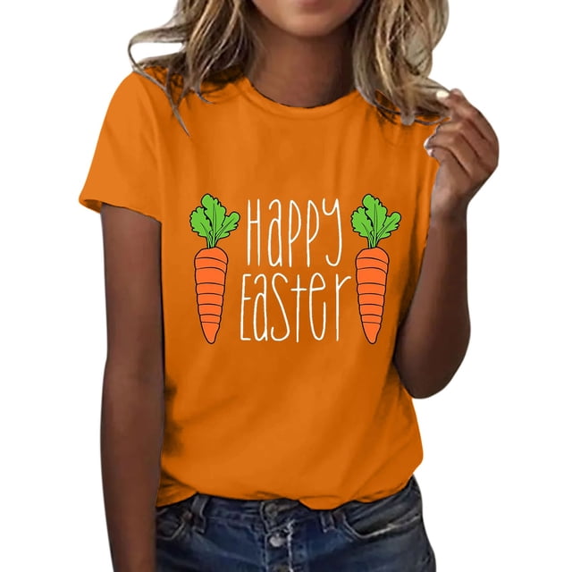 Prolriy Chemises de Pâques pour Femmes Joyeuses Pâques T-Shirt à Manches Courtes Col Rond Imprimé Lettre Carotte Haut Tenue de Pâques pour Femmes, Hauts pour Femmes Orange m