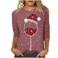 thumbnail image 1 of Ensemble de Verre Rouge de Noël pour Femmes, Chemise Imprimée à Col Rond, Manches Trois Quarts Longues, T-Shirt Décontracté Confortable, Chemises pour Femmes, Haut de Compression, 1 of 5