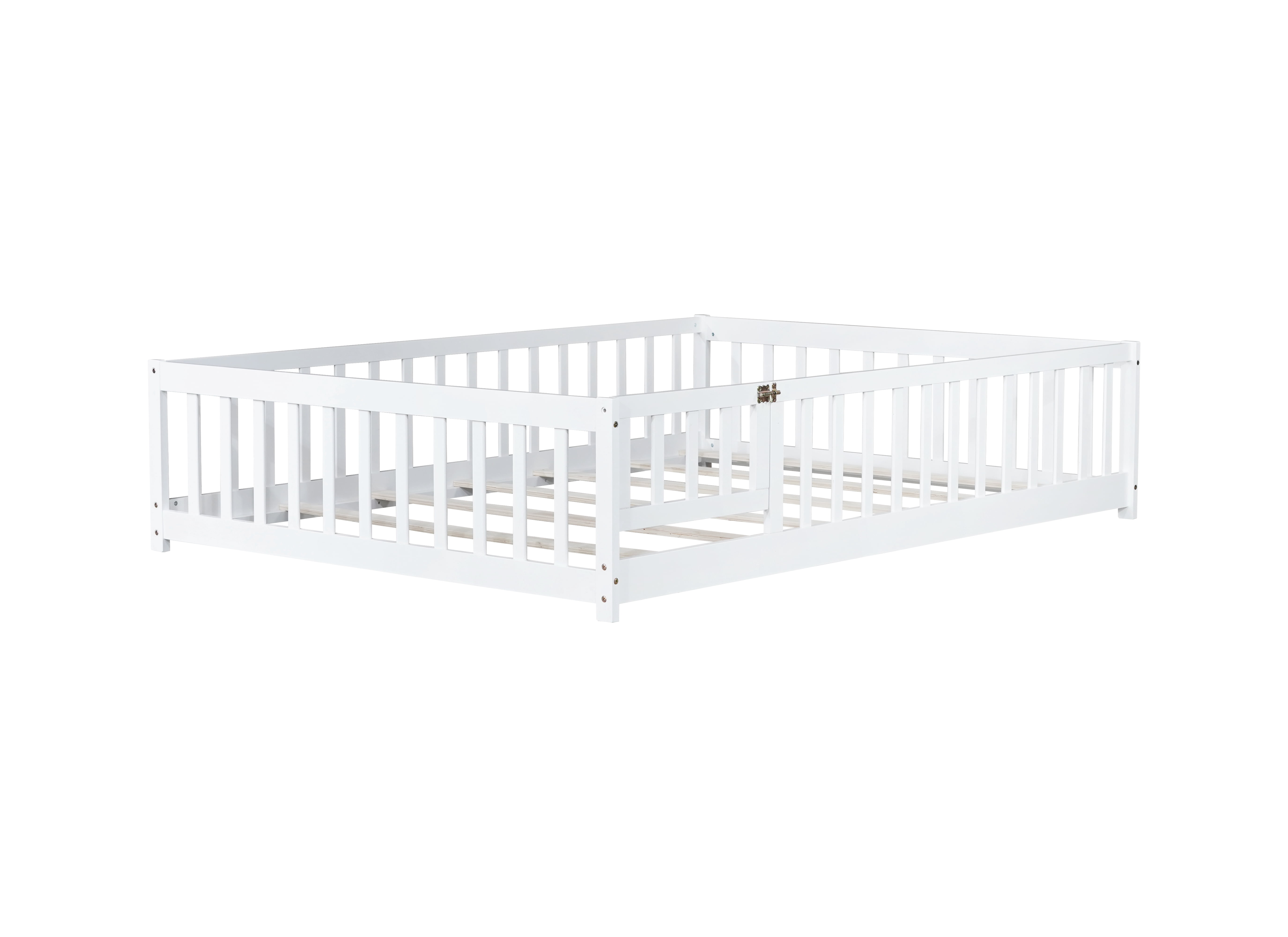 Full Size Floor Bed with Fence and Door,Rubber Wood Floor Bed with Safety Guardrails,White