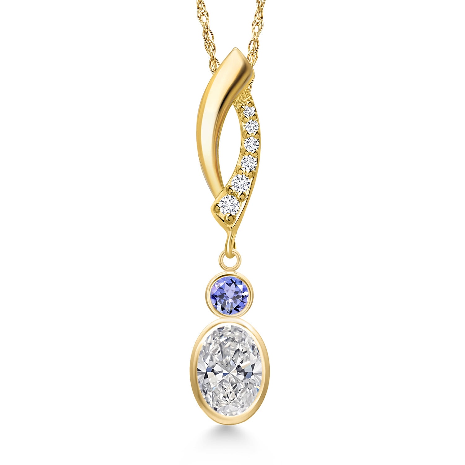 Gem Stone King 14K Yellow Gold DEF Lab Grown Diamond and Blue Tanzanite and Lab Grown Diamond Pendant Necklace for Women | 0.91 Cttw | Gemstone April Birthstone | Oval 7X5MM | With 18 inch Chain