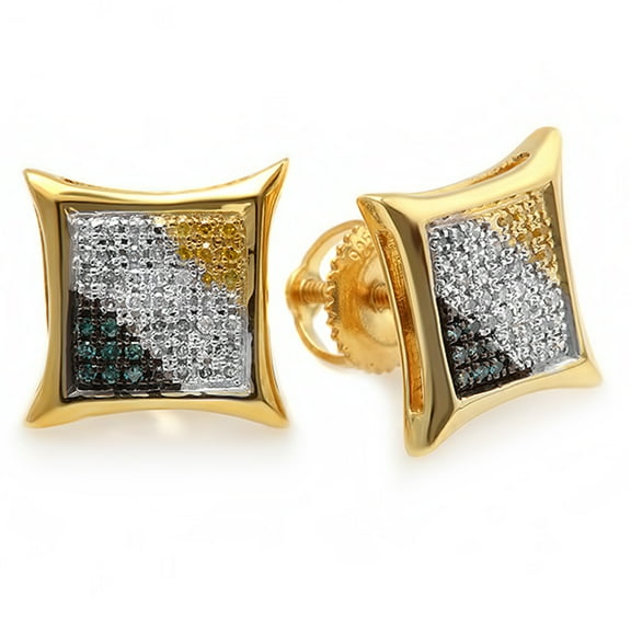 Dazzlingrock Collection 0.20 Carat (ctw) Round Blue, Yellow & White Diamond Micro Pave Kite Shape Screwback Unisex Stud Earrings in 14K Yellow Gold