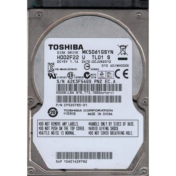Toshiba MK5061GSYN HDD2F22 U TL01 S F/W: A0/MH000K 500GB