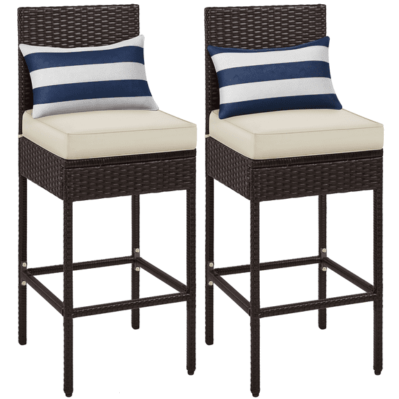 Renwick Outdoor Rattan Bar Stools with Cushions, Set of 2, Brown/Beige
