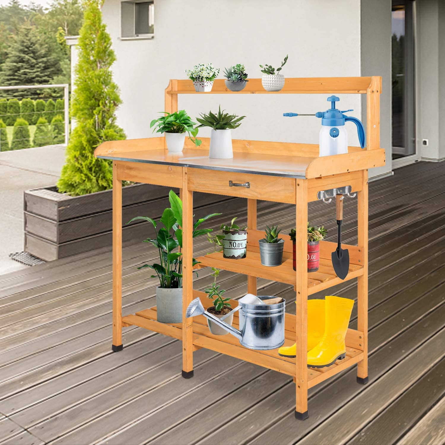 Kinbor Wooden Garden Potting Bench Work Station with Metal