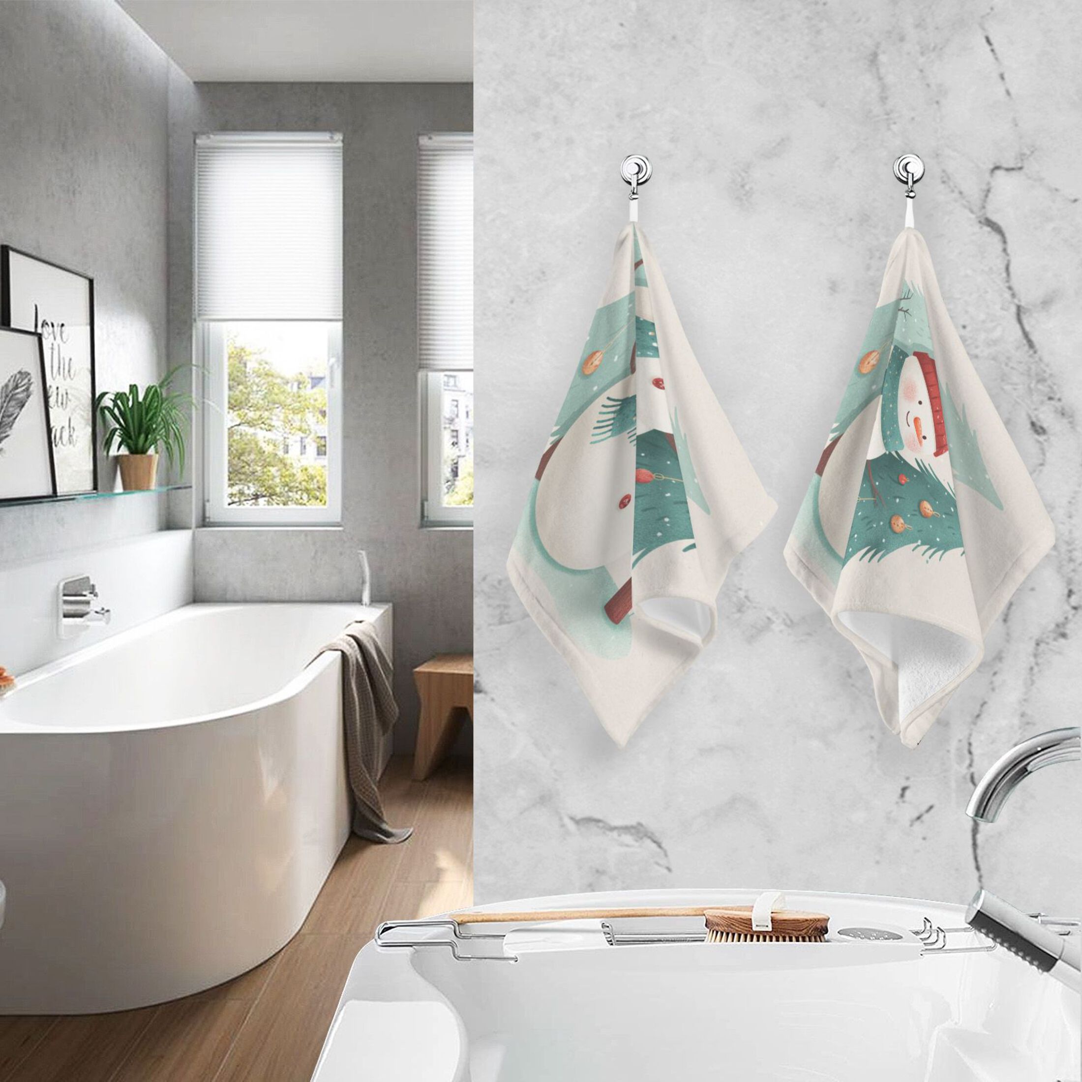 Cotton Towel Two-Piece 16x28 Inch One Sizex2 Face Towel Set Towel Set Cotton Hand Bath Towel Bathroom Beach Watercolor Christmas Snowman