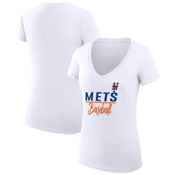 Women's G-III 4Her by Carl Banks  White New York Mets Team Graphic V-Neck Fitted T-Shirt