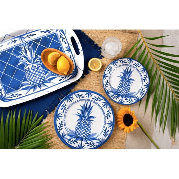 Blue Pineapple Salad Plate - Set of 4 Indoor Outdoor Made of Bamboo Eco-friendly Dishwasher Safe Sally Eckman Roberts Sustainable Biodegradable