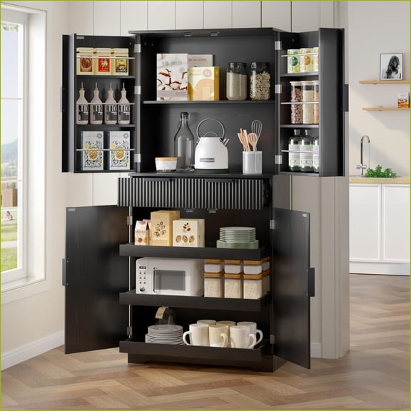 Kitchen Pantry Cabinet, 72” Black Freestanding Storage with 3 Keyboard Drawers & 6 Adjustable Door Shelves | MDF Construction