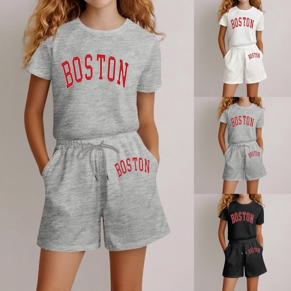 LRen Girls Outfits Size 7/8 Cartoon Print Shorts Sleeve Sports Sets Round Neck Casual Shorts 2pcs Clothing Set Outdoor Casual Clothes