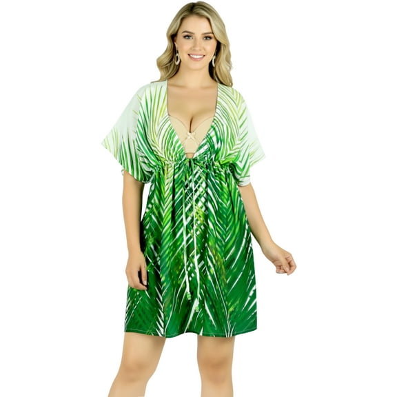 LA LEELA Women's Beachwear Summer Swim Beach Dress Cover ups for Swimwear Women Short Fall Swimsuit Coverups Tops XL-XXL Jade, Palm Leaves