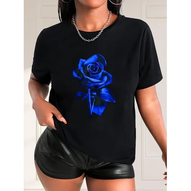 Excellent Valentine'S Day Rose Print Women'S T-shirt - Summer Women'S Fashionable Casual ComfortableCamisetas de verano para mujer, manga corta, cuello redondo, casual, lindo, con gráficos, camisetas