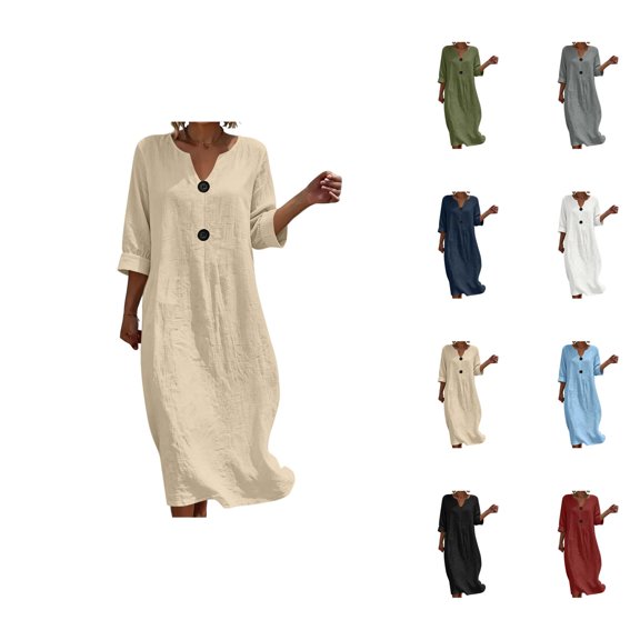 Linen Dresses for Women 3/4 Sleeve Loose Casual V Neck Lightweight Flowy Long Maxi Dress Vacation Beach Dress