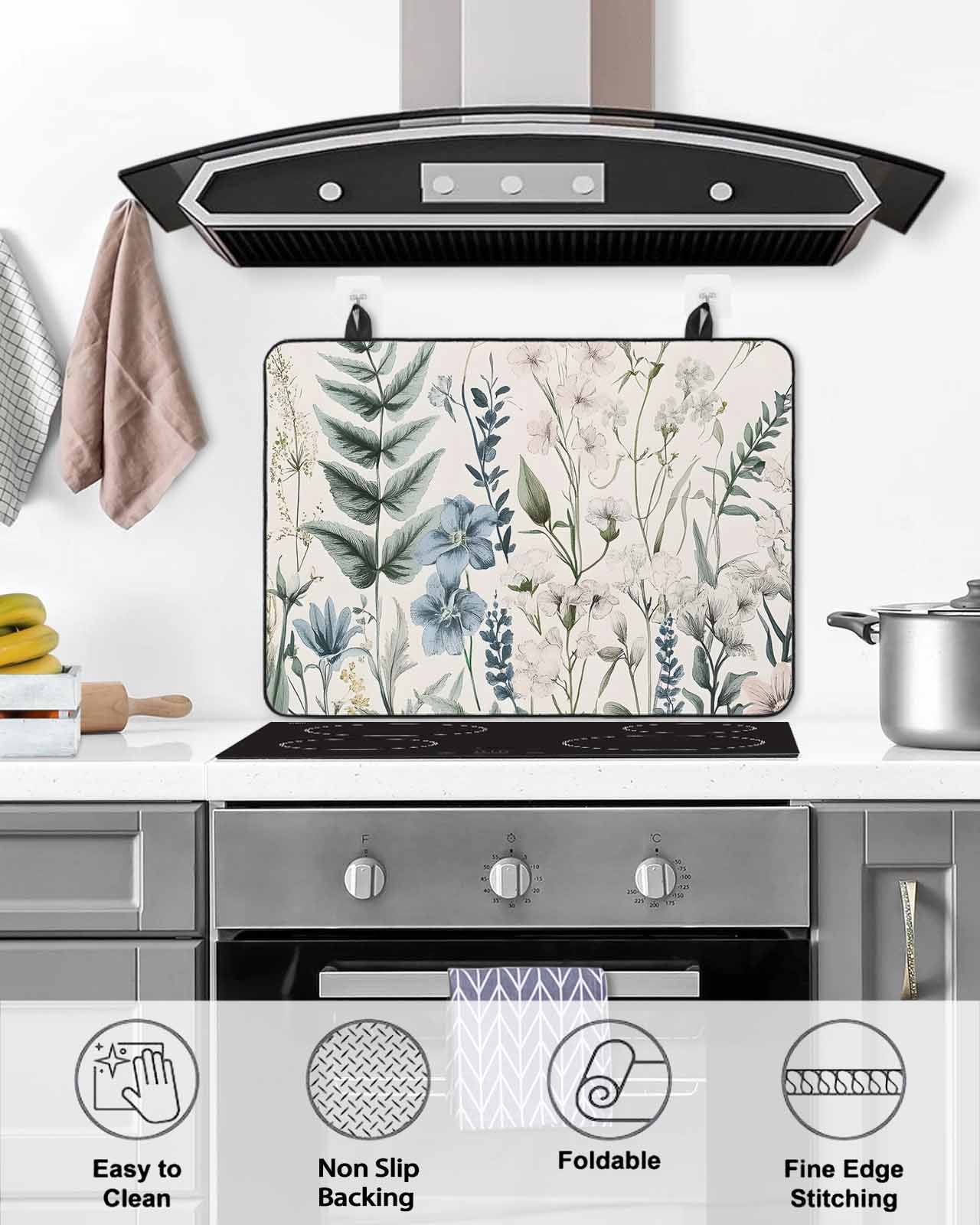 nqOlkjepod Large Induction Cooktop Protector Mat 24"x21", Botanical Floral Stove Top Covers for Electric Stove, Vintage Watercolor Flowers Decorative Stove Burner Cover Mats, Glass Top Stove Cover