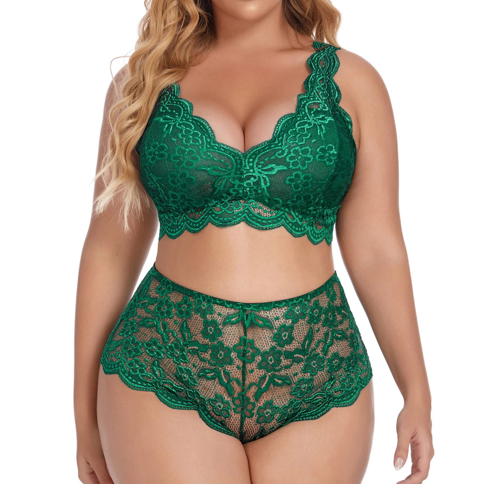 Vedolay Bra And Panty Sets Plus Size 2 Piece Lingerie for Women Strappy Bra  and Panty Underwear Sets Lace Underwear Set for Women(Green,M) 