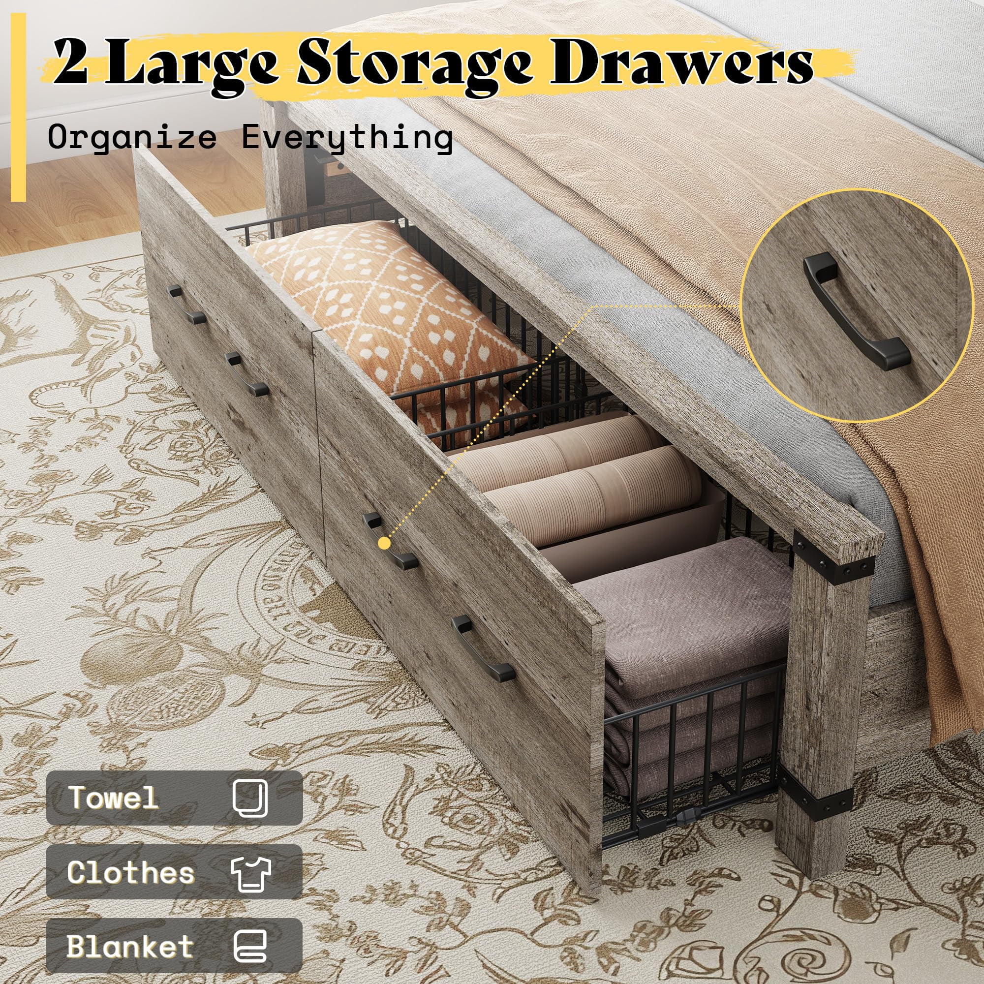 PLAUIN Farmhouse Queen Size Bed Frame, Rustic Wood Platform with Footboard & Wood Slats, Grey