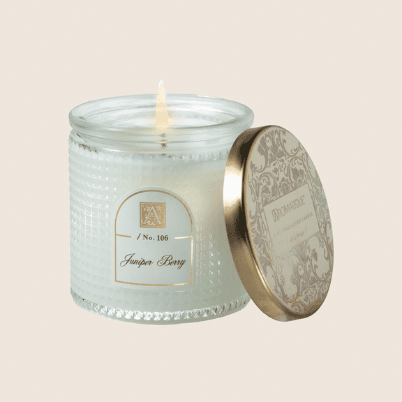 JUNIPER BERRY Aromatique Textured Glass Metal Lid 6 oz Scented Jar Candle