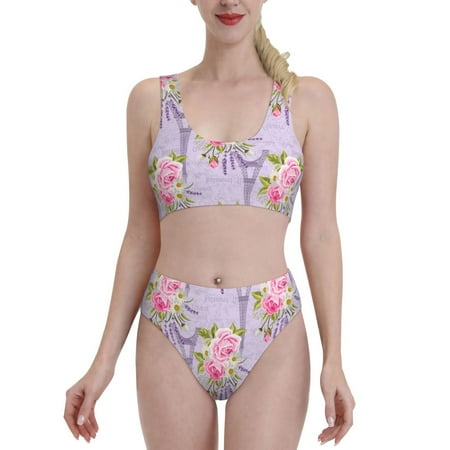 Bikini Sets For Women  Rose Tower Flower High Waisted Bikini Sets Bathing Suit 2-Piece Drawstring Swimsuit