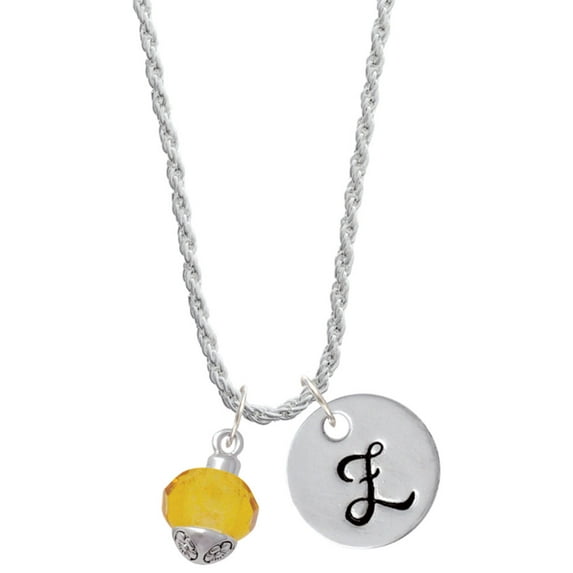 Delight Jewelry 12mm Faceted Yellow Glass Spinner Silvertone Script Initial Disc - Z - Charm Necklace, 20"+3"