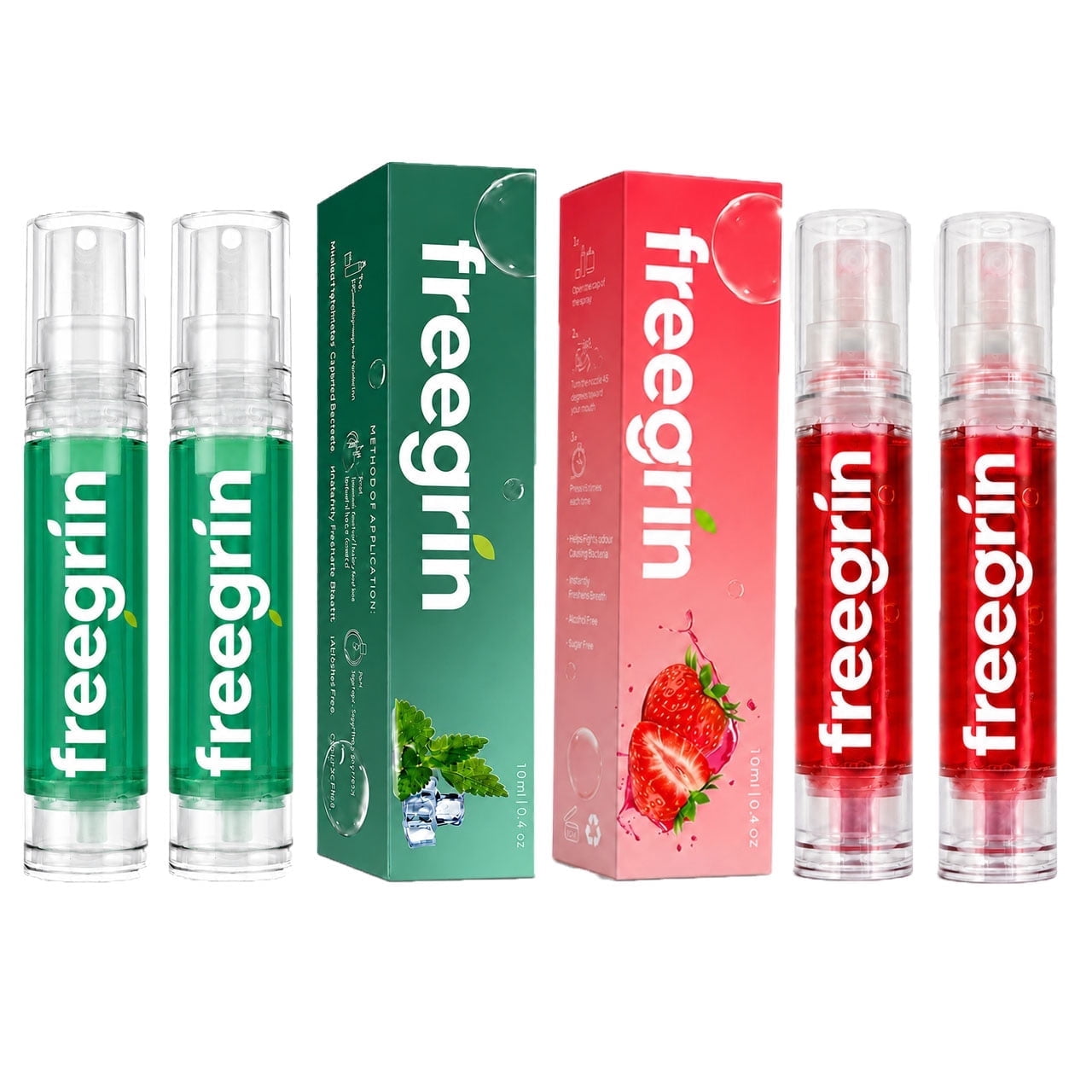 Freegrin 4 Pack Sugar-Free Oral Mouth Spray, Long-Lasting Fresh Breath, 10ml Portable Travel Size, Moisturizing & Gentle Formula (Mint Strawberry)
