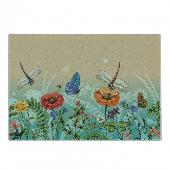 Spring Cutting Board, Flourishing Nature Illustration with Butterflies and Dragonflies Colorful Pattern, Decorative Tempered Glass Cutting and Serving Board, Small Size, Multicolor, by Ambesonne