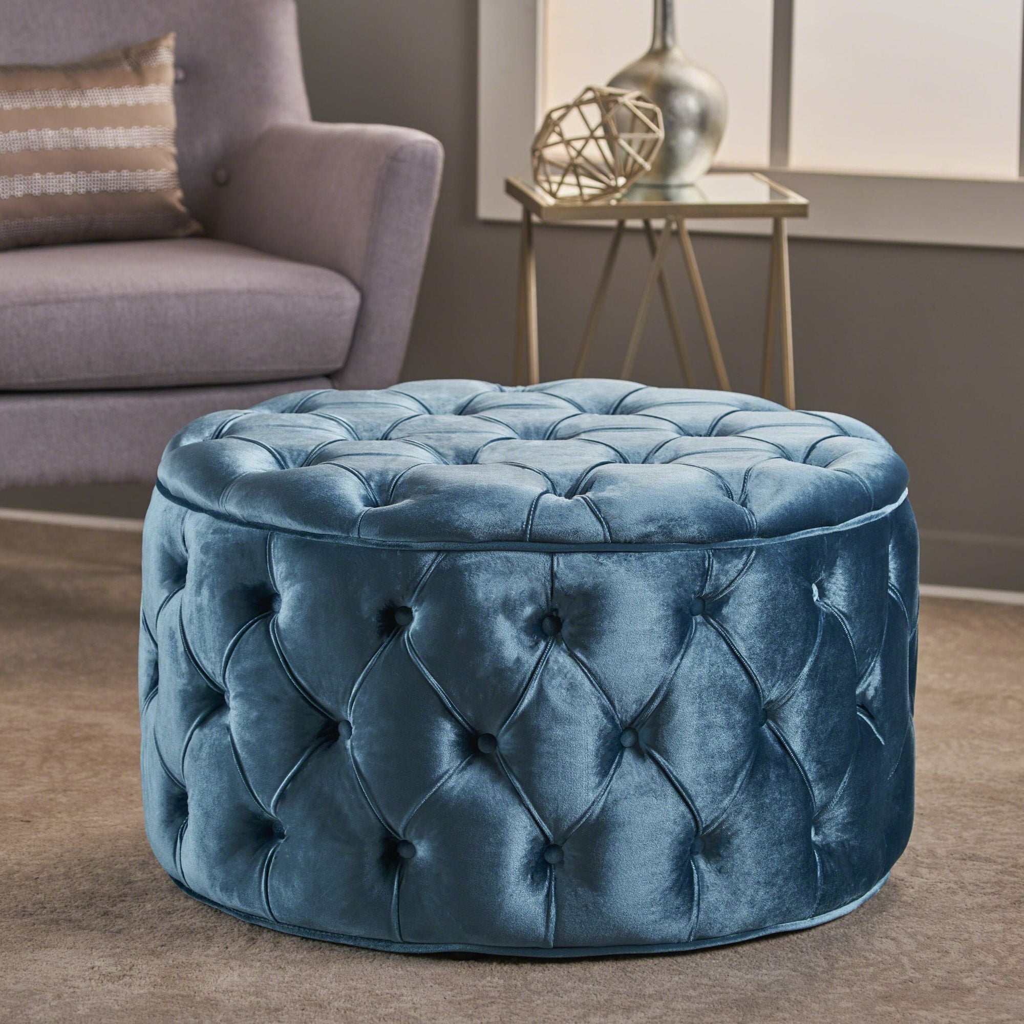 29.5" Royal Blue and Black Contemporary Round Ottoman