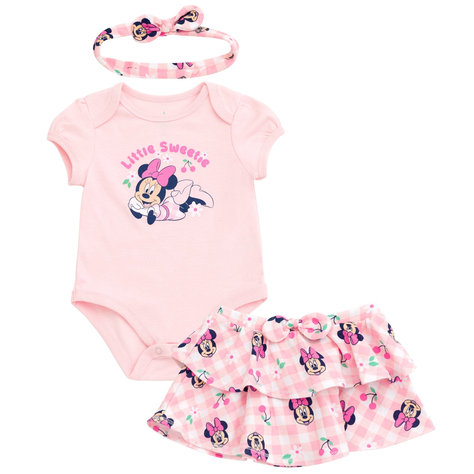 Disney Minnie Mouse Bodysuit, Skirt and Headband 3 Piece Outfit Set Gingham Newborn to Infant