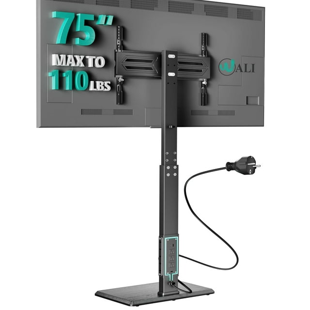 Wali Soporte De Piso Para Tv Con Toma De Corriente Soporte Alto Para Tv De 32 A 75 Pulgadas, Hasta 110 Libras, Giratorio Y Ajustable En Altura, Con Base De Madera Para Dormitorio, Sala De Estar, Ofici