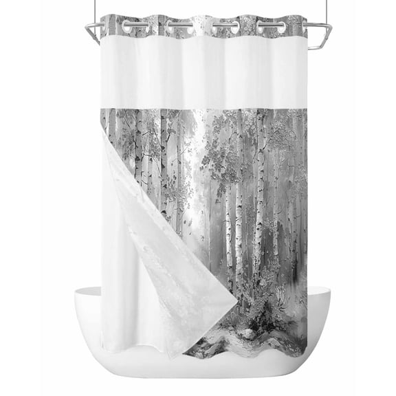 No Hook Grey Shower Curtain with Snap in Liner Set, Modern Oil Painting Art Forest Waterproof Fabric Bathroom Curtains with See Through Top Window, Hotel Style Small 36 x 72 Inch