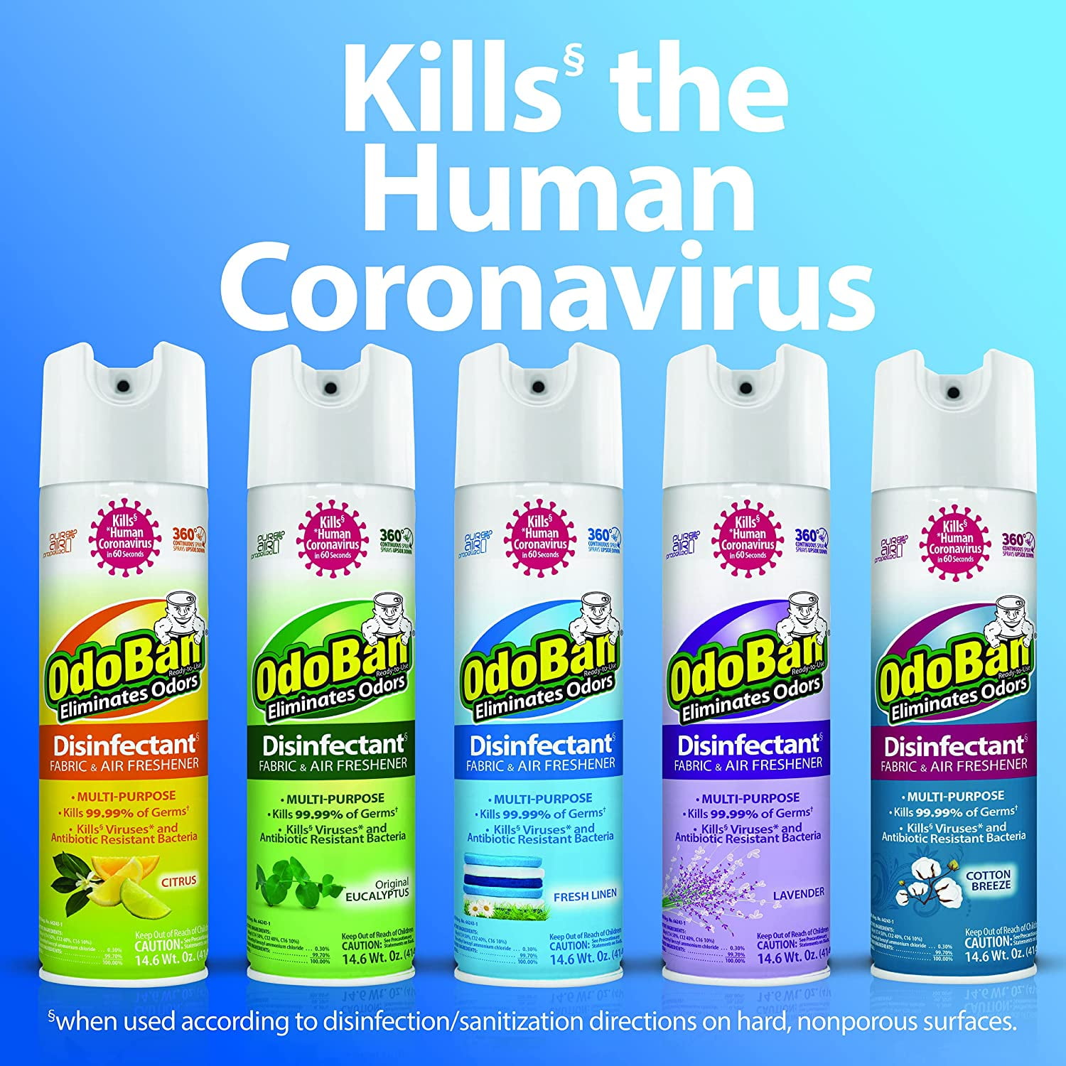 OdoBan Ready-to-Use 360-Degree Continuous Spray Disinfectant Cleaner and Odor Eliminator, Fabric and Air Freshener, 4 Pack, 14.6 Ounces Each, Cotton Breeze Scent