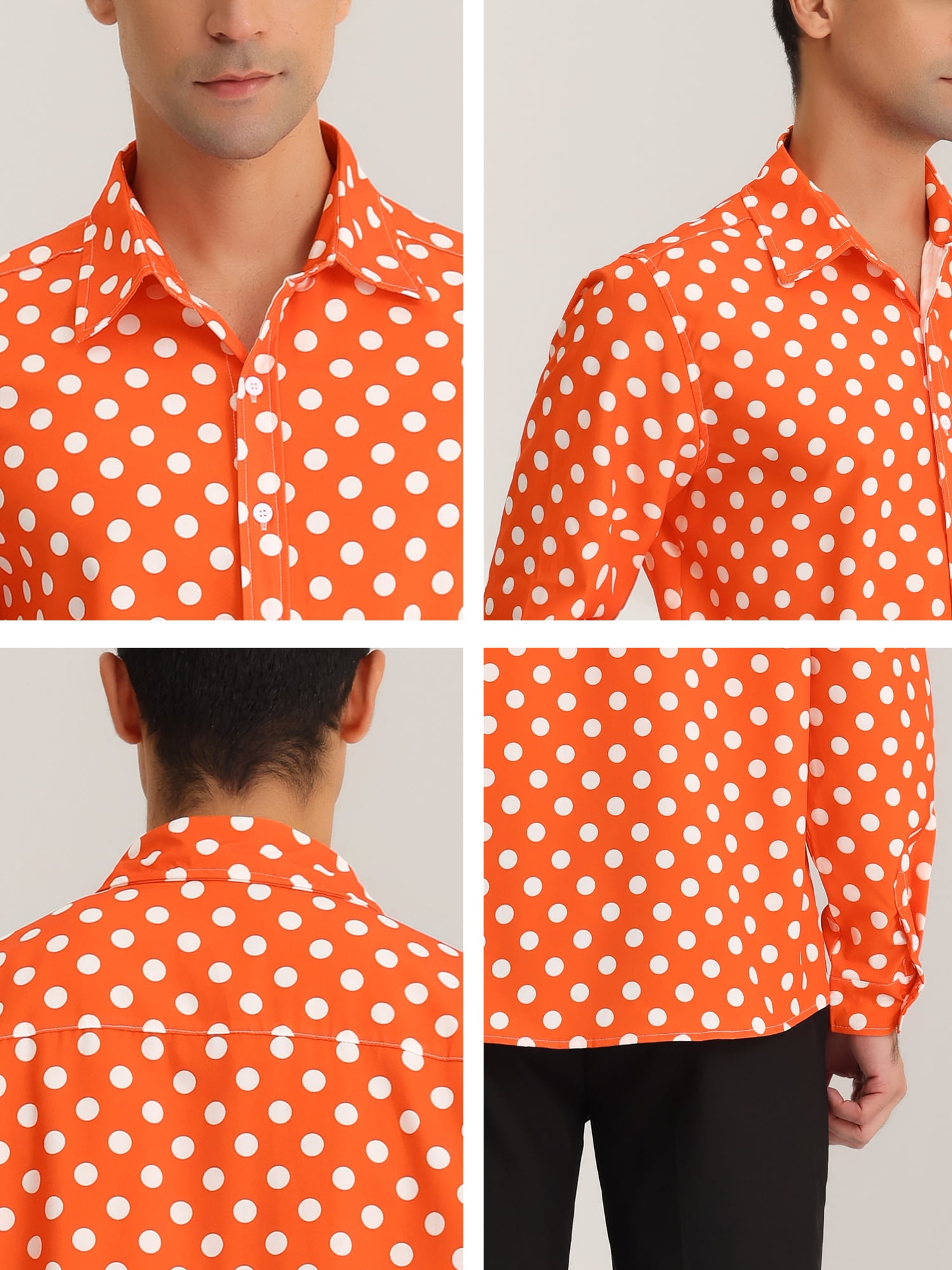 Unique Bargains Men's Polka Dots Print Dress Shirt Long Sleeves Casual Shirts L Orange