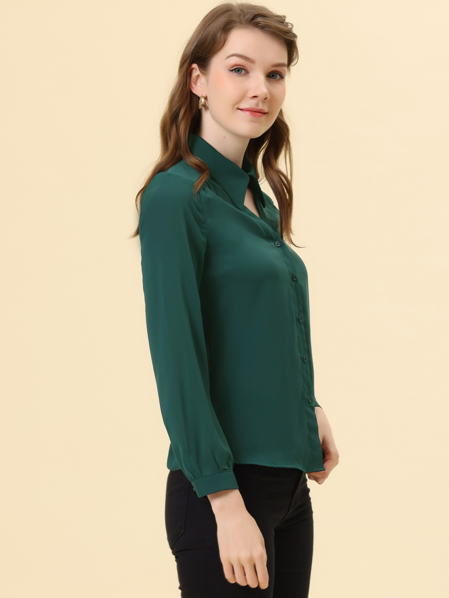 DARING DIVA Women's Choker Neck Blouse Turn Down Collar Work Shirt M Green
