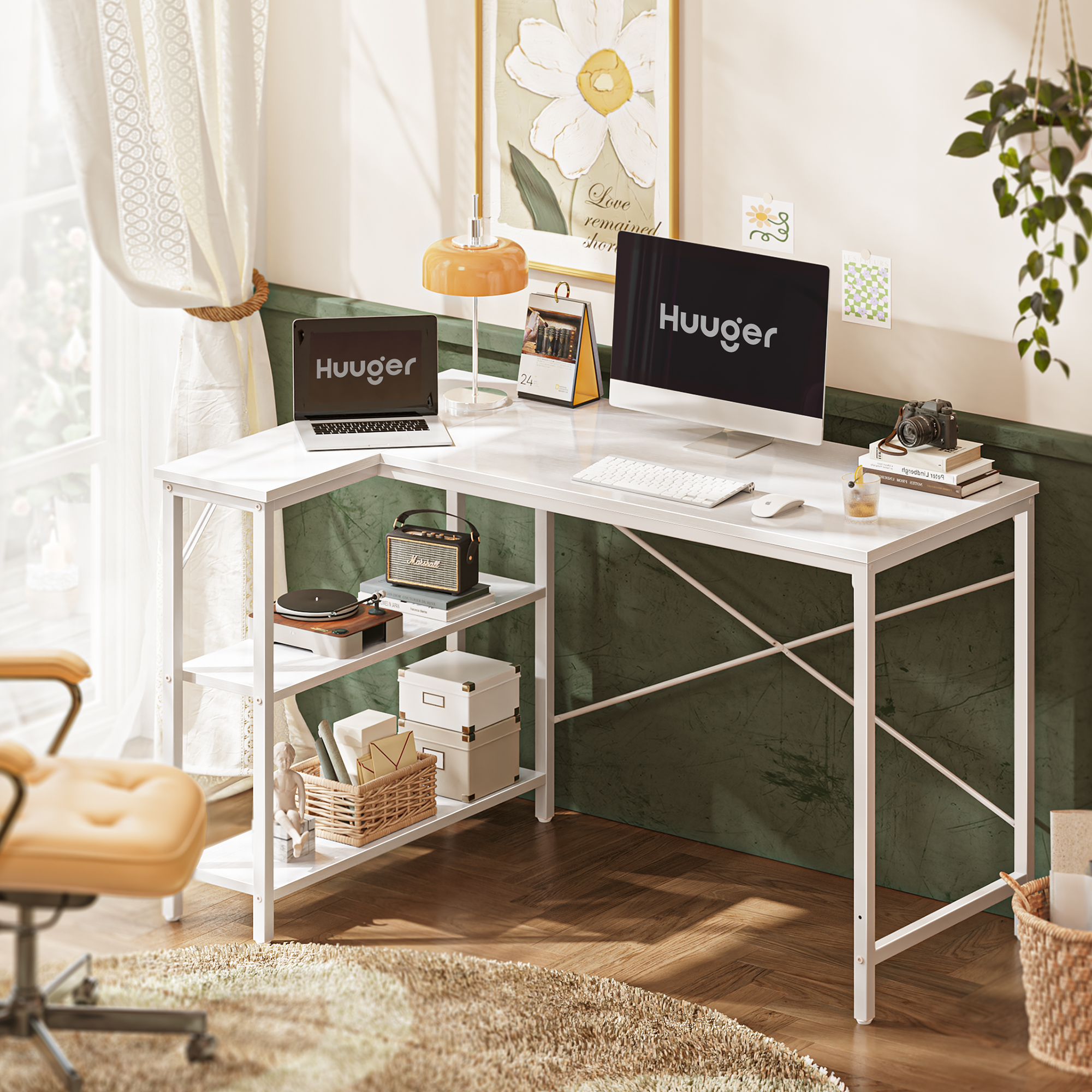 Huuger 47 inch L-Shaped Desk with Reversible Storage Shelves, Computer Desk, Gaming Desk with Metal Frame, Corner Writing Desk for Home Office, Study Desk, White - image 5 of 8