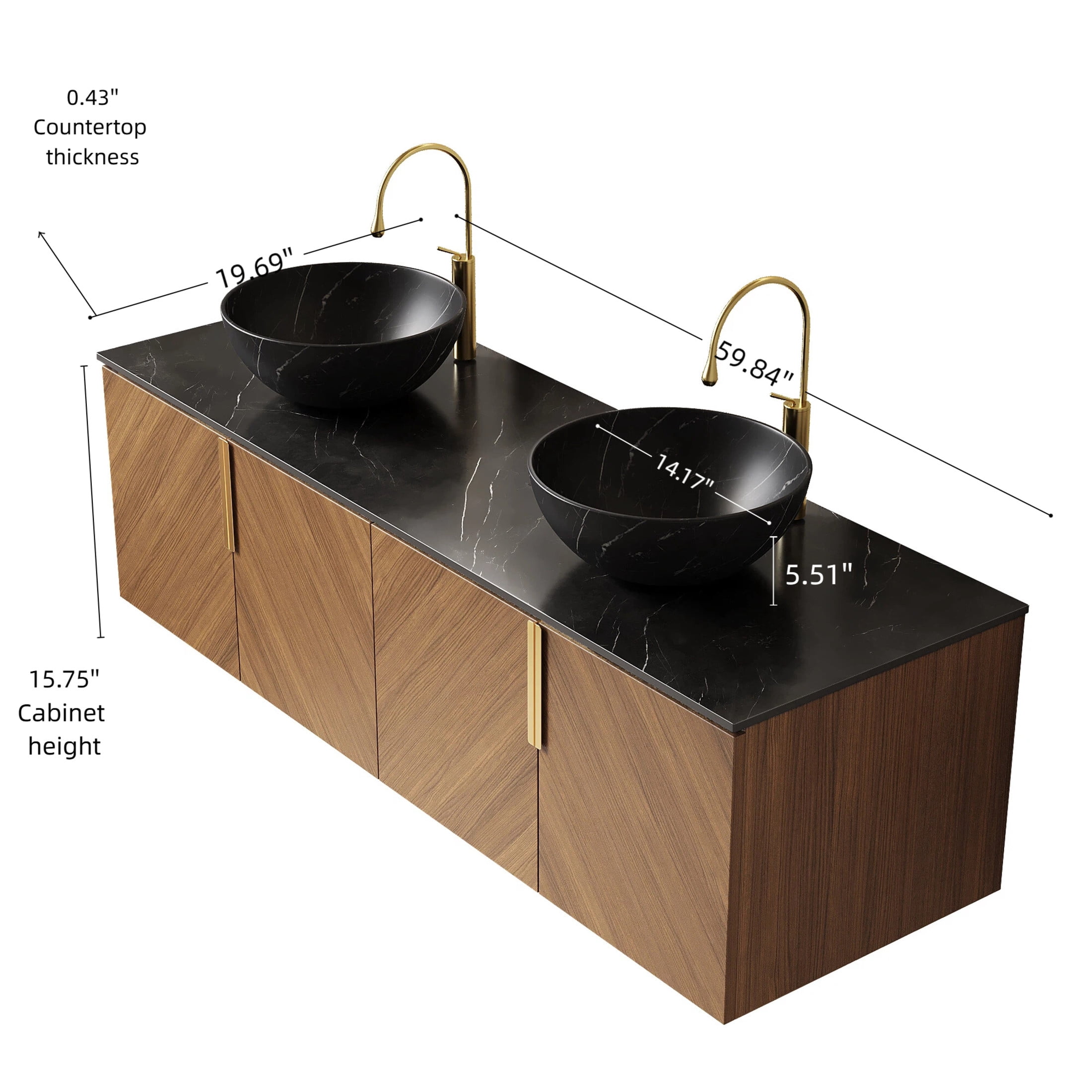 Noble House ARAI 60" Floating Double Bathroom Vanity, Sintered Stone Top Cabinet with Dual Black Bowl Sink, Oak