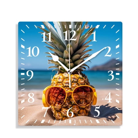 10 Inch Wall Clock Battery Operated Silent Clock Decorative for Office, Kitchen, Outdoor, Living RoomOcean Beach Pineapple with Glasses Multicolor