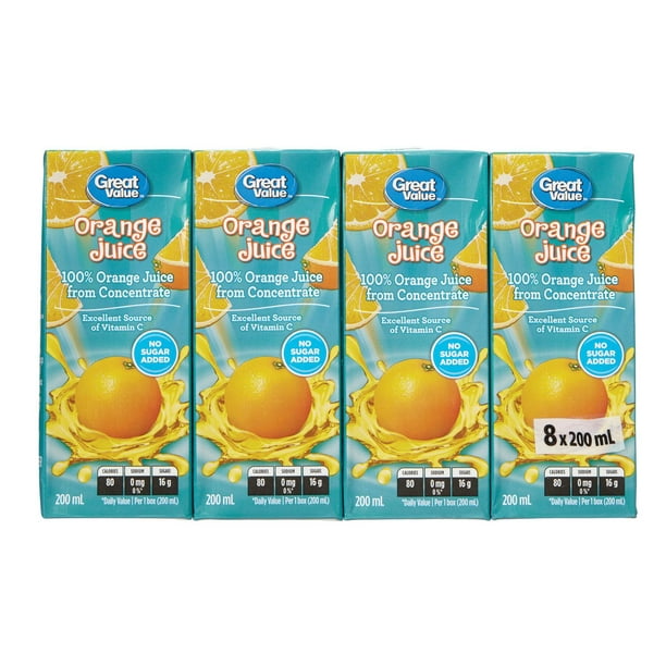 Great Value Orange Juice from concentrate, 8x200mL Walmart.ca