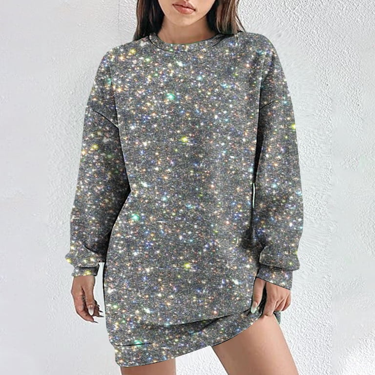Kaemgyyd Women Sequin Dress Sparkly Long Sleeve Crew Neck Short Flowy Party Dress Casual Loose Glitter Mini Sweatshirt Dress, Women's, Size: 3XL, Gray