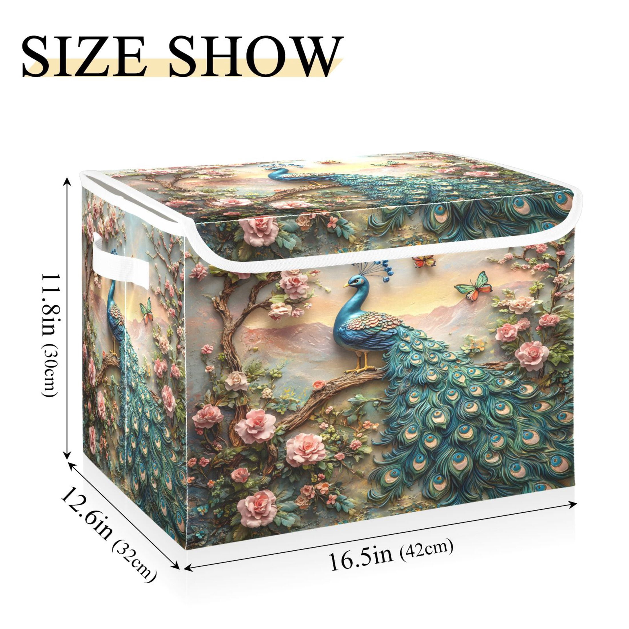 Ryvnso Peacock Butterfly Floral Large Lidded Foldable Storage Baskets Cubes Boxes Lids Bin for Home