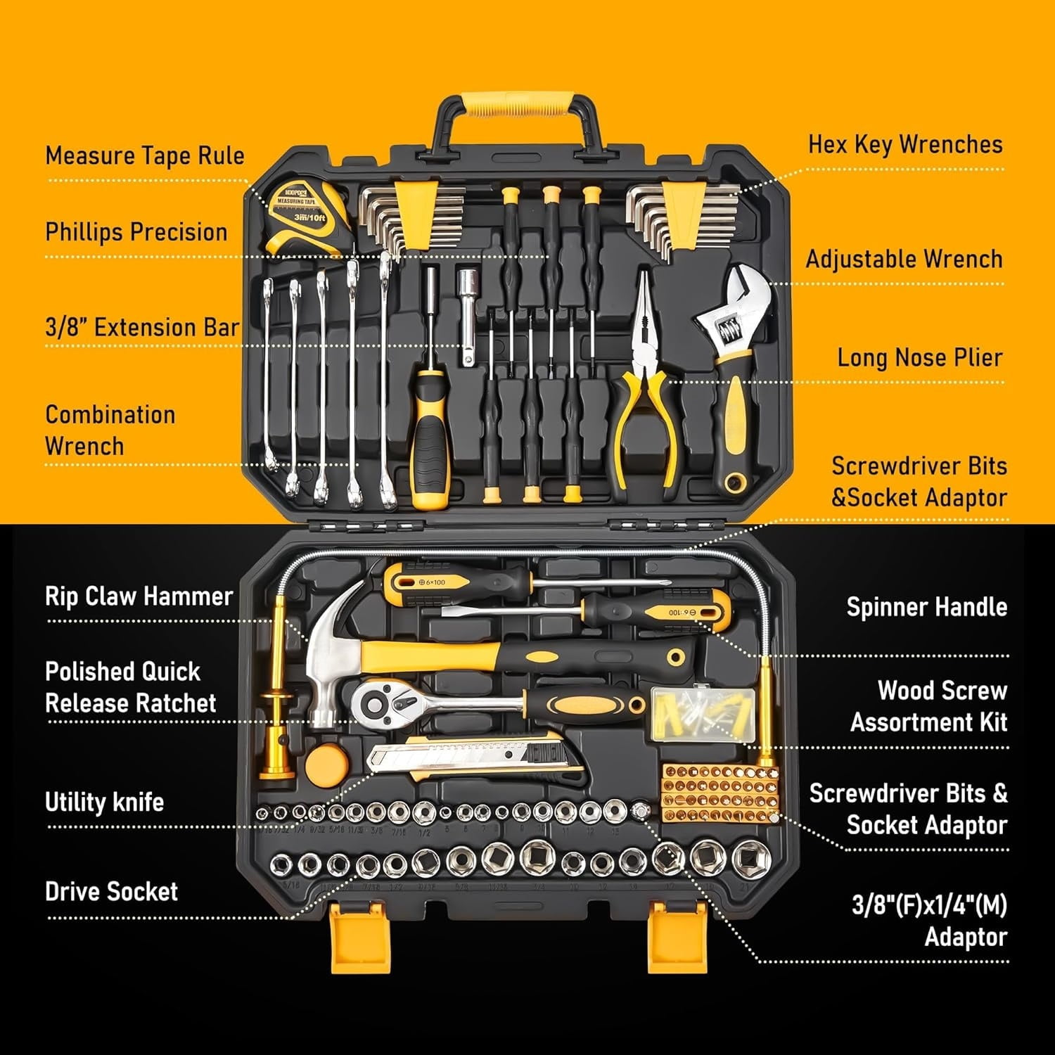 159 Piece Tools Kit, Tool Box Set for Mechanic and Car, General Household Tool Kit, Basic Tool Kit for Home Auto Repair, Plastic Toolbox Storage Case