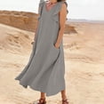 thumbnail image 2 of Women's Cotton Linen Midi Dress Summer Solid Color V‑Neck Ruffle Cap Sleeve Loose Dress with Dual Side Pockets Gray XL(XL), 2 of 6