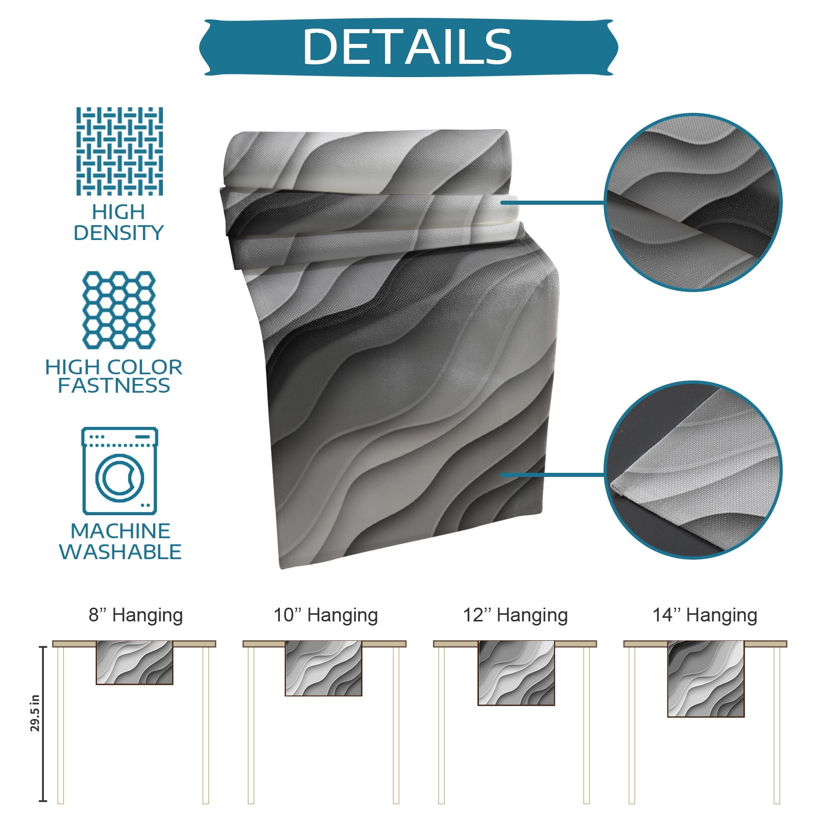 Table Runner Dresser Scarves 90 Inch Long, Gray and White Gradient Ombre Art Linen Dining Table Runners Geometric Abstract Wave Stripes Tabletop Scarf for Wedding Holiday Party Kitchen