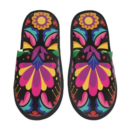 

Yiaed Colorful Floral Embroidery Mexican Print Unisex House Slippers Slip on Warm Shoes Indoor Outdoor with Anti-slip sole-Medium