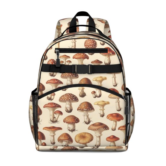 Mushroom and Chanterelle Cream Pattern Cute School Backpack Bag for School with Padded Back and Adjustable Shoulder Straps 15.25"x11.5"x5.25"