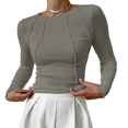 thumbnail image 2 of Women's Long Sleeve Shirts Slim Fit Crew Neck Fall Clothes Exposed Seams Ribbed Basic Tops Bean Green XL, 2 of 7