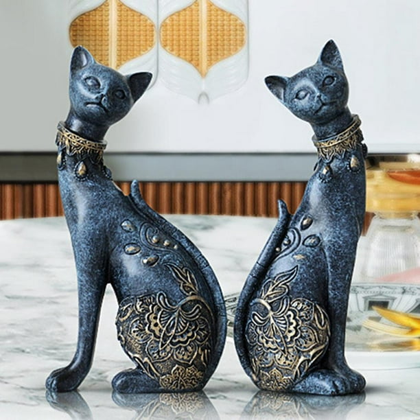 Sculpture de chat bleu en céramique : statue chat pop art déco