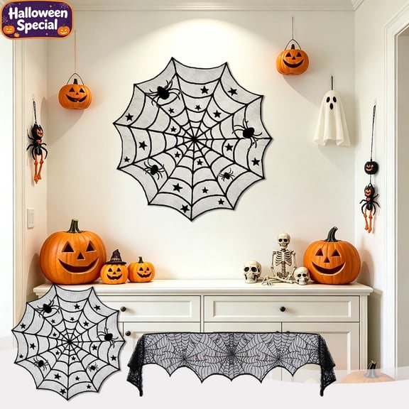 Halloween Spider Web Wall Decor, Spider Print Hollow Lace Fabric, Gothic Sheer Decor Cloth for Window Hanging Bedroom Wall Tabletop, Indoor Outdoor Halloween Party Decoration