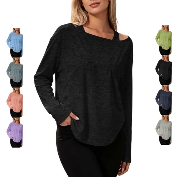 TGSLY Cold Shoulder Tops for Women Lightweight Thin Crew Neck Long Sleeve Blouses Loose Dressy Casual Solid Color Athleisure Shirts M