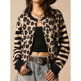 thumbnail image 4 of Womens Leopard Print Striped Patchwork Button Front Cropped Knit Cardigan Black XL, 4 of 9